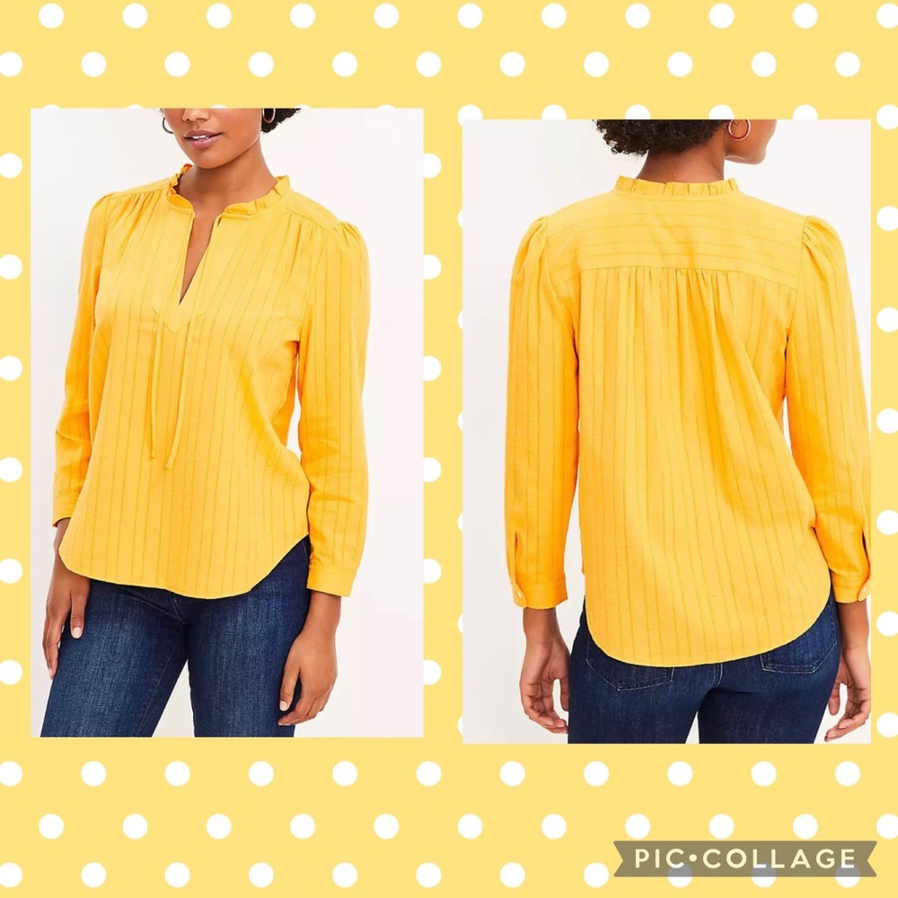 LOFT WOMEN STRIPED RUFFLE TIE NECK BLOUSE MEDIUM